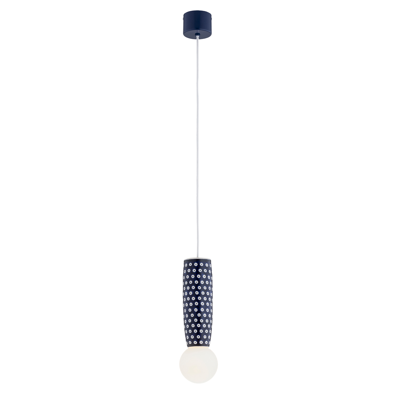 lampa wisząca ceramika Bolesławiec – granatowa, biała kulka ręcznie zdobiona BOLL 8937 Argon x Manufaktura w Bolesławcu